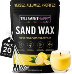TellementHappy | Cire Bougie en Sable Parfum Citron 1Kg + 20 Mèches | Sand Wax Écologique & Réutilisable | Fabrication Bougies Facile | Granulés de Cire Végétale | Idéal DIY Bougie Maison