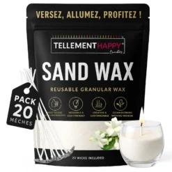 TellementHappy | Cire Bougie en Sable Parfum Jasmin 1Kg + 20 Mèches | Sand Wax Écologique & Réutilisable | Fabrication Bougies Facile | Granulés de Cire Végétale | Idéal DIY Bougie Maison