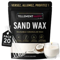 TellementHappy | Cire Bougie en Sable Parfum Noix de Coco 1Kg + 20 Mèches | Sand Wax Écologique & Réutilisable | Fabrication Bougies Facile | Granulés de Cire Végétale | Idéal DIY Bougie Maison