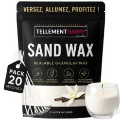 TellementHappy | Cire Bougie en Sable Parfum Vanille 1Kg + 20 Mèches | Sand Wax Écologique & Réutilisable | Fabrication Bougies Facile | Granulés de Cire Végétale | Idéal DIY Bougie Maison