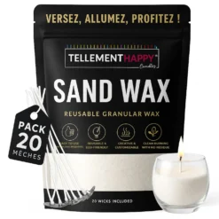 TellementHappy | Cire Bougie en Sable Non Parfumée 1Kg + 20 Mèches | Sand Wax Écologique & Réutilisable | Fabrication Bougies Facile | Granulés de Cire Végétale | Idéal DIY Bougie Maison