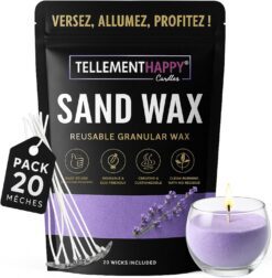 TellementHappy | Cire Bougie en Sable Parfum Lavande 1Kg + 20 Mèches | Sand Wax Écologique & Réutilisable | Fabrication Bougies Facile | Granulés de Cire Végétale | Idéal DIY Bougie Maison