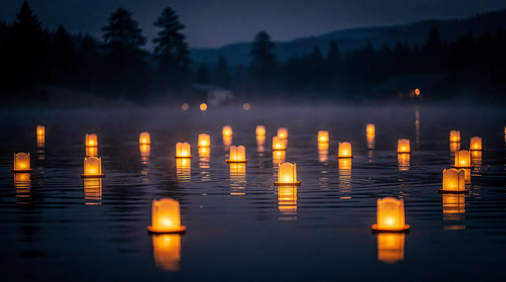 Schwimmende LED-Wasserlaternen auf einem ruhigen See bei Abenddämmerung