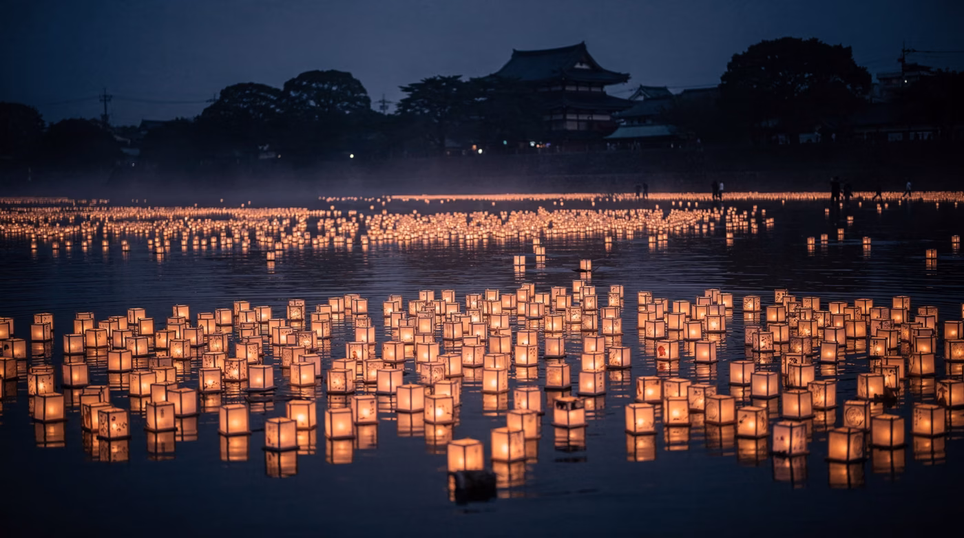 Hunderte Papierlaternen treiben friedlich auf einem ruhigen japanischen Fluss in der Abenddämmerung